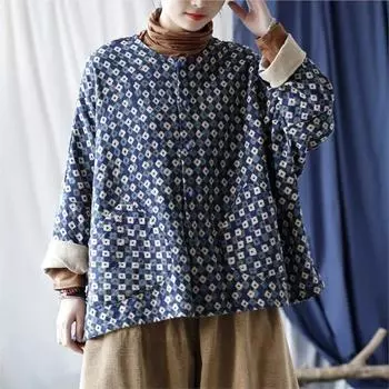 Johnature женские винтажные пальто с цветочным принтом и пуговицами, круглым вырезом, длинными рукавами, лоскутные пальто с карманами, осенние махровые пальто One Size синий