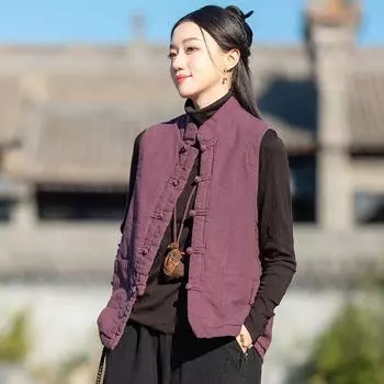 Johnature Женские винтажные пальто с стойкой без рукавов на пуговицах, однотонные ткани, зимние пальто на пуговицах One Size бежевый