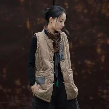 Johnature Женские винтажные пальто Stand Без рукавов Пуговица Ткани Осенние теплые пальто One Size хаки