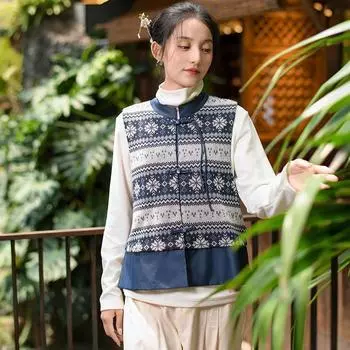 Johnature Женские винтажные пальто-стойки с цветочным принтом, осенние пальто в китайском стиле с пуговицами и лоскутным принтом M