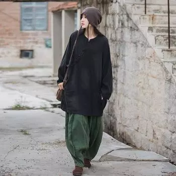 Johnature женские винтажные пальто-стойки с длинными рукавами, весенние однотонные тренчи в китайском стиле, женская одежда с карманами на пуговицах One Size чёрный