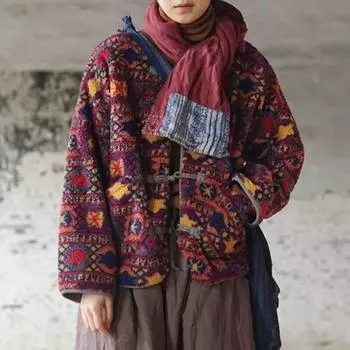 Johnature женские винтажные парки на пуговицах с круглым вырезом и длинными рукавами на пуговицах зимние пальто жаккардовые красные одежды зимние свободные парки One Size темно-красного