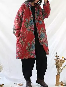 Johnature женские винтажные парки с цветочным принтом, красные лоскутные парки с длинными рукавами и карманами, зимние женские длинные парки на пуговицах One Size красный