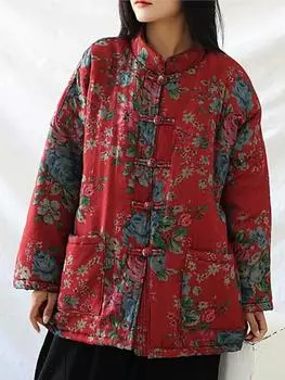 Johnature женские винтажные парки с цветочным принтом и подставкой, красные лоскутные пальто с карманами и длинными рукавами, зимние женские парки на пуговицах One Size красный