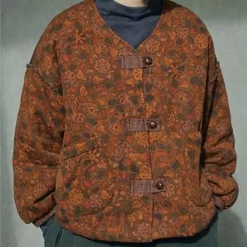 Johnature женские винтажные парки с цветочным принтом, зимние пальто на пуговицах с v-образным вырезом и длинными рукавами, теплая хлопковая одежда, парки One Size темный кофе