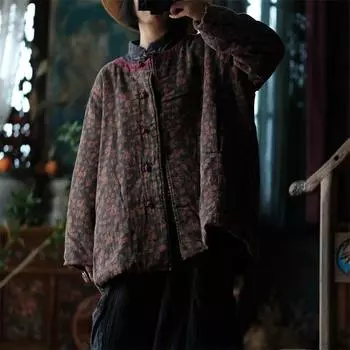 Johnature женские винтажные парки с цветочным принтом и круглым вырезом, с длинными рукавами и пуговицами, мягкое хлопковое пальто, зимние парки в китайском стиле One Size коричневый