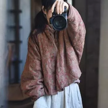 Johnature женские винтажные парки с цветочным принтом и пуговицами-стойками, зимние теплые пальто с длинными рукавами, хлопковые свободные парки One Size синий