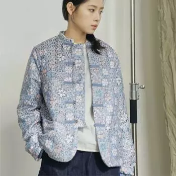 Johnature женские винтажные парки с цветочным принтом плюс хлопковые пальто на пуговицах с длинными рукавами и подставкой зимние парки в китайском стиле One Size светло-синий