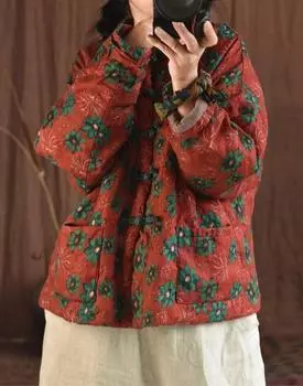 Johnature женские винтажные парки с цветочным принтом в китайском стиле, льняные пальто на пуговицах, зимнее женское теплое пальто с длинными рукавами и карманами One Size красный