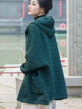 Johnature женские винтажные парки с капюшоном на пуговицах и рукавах «летучая мышь» однотонные теплые пальто зимние женские повседневные свободные парки пальто One Size чёрный