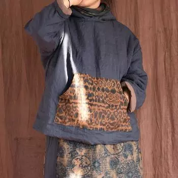 Johnature женские винтажные парки с капюшоном в стиле пэчворк, передние карманы с длинными рукавами, однотонные льняные теплые осенние пальто, парки One Size чёрный