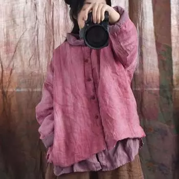 Johnature женские винтажные парки с круглым вырезом и длинными рукавами, однотонные весенние пальто на пуговицах, хлопковые парки в китайском стиле One Size темно-розовый