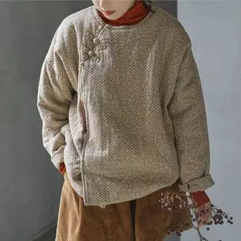 Johnature Женские винтажные парки в горошек с круглым вырезом и длинными рукавами на пуговицах, хлопковые пальто, зимние парки в китайском стиле One Size кофейный