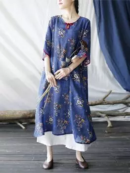Johnature женские винтажные платья рами высокого качества с цветочным принтом и круглым вырезом с семью рукавами, весеннее платье трапециевидной формы