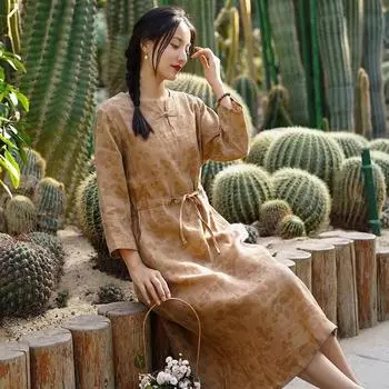 Johnature женские винтажные платья с цветочным принтом, весеннее бандажное платье трапециевидной формы с высокой талией и девятью рукавами на пуговицах M жёлтый