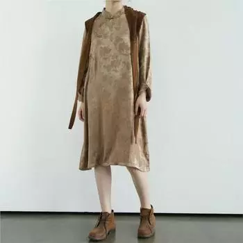 Johnature Женские винтажные платья с длинным рукавом и пуговицей в китайском стиле, жаккардовое А-силуэтное летнее платье высокого качества One Size коричневый