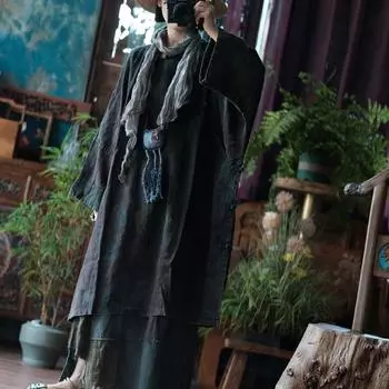 Johnature Женские винтажные платья с круглым вырезом и длинным рукавом Осенние халаты Свободные китайские пуговицы на ткани Женское платье One Size