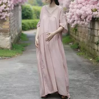 Johnature женские винтажные платья с v-образным вырезом и половиной рукавов летние халаты со свободным поясом женские платья трапециевидной формы One Size розовый