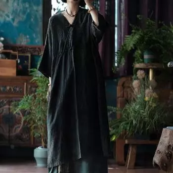 Johnature Женские винтажные платья с V-образным вырезом в стиле пэчворк с длинным рукавом Осеннее платье-трапеция в китайском стиле One Size