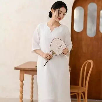 Johnature женские винтажные платья с вышивкой и цветочным принтом, халаты с v-образным вырезом и половиной рукавов, однотонные летние платья в китайском стиле M серый