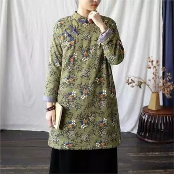 Johnature женские винтажные платья-стойка с длинными рукавами, зеленое весеннее платье трапециевидной формы на пуговицах с цветочным принтом M зелёный