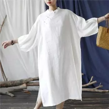 Johnature женские винтажные платья-стойки с рукавами «летучая мышь» осенние халаты на пуговицах однотонная свободная одежда платья в китайском стиле One Size фиолетовый