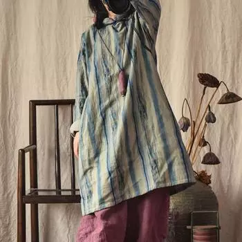 Johnature Женские винтажные платья свободного кроя с полосатыми карманами на пуговицах, весенние повседневные платья с длинным рукавом One Size синий