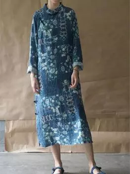 Johnature женские винтажные платья трапециевидной формы с цветочным принтом и сине-белым весенним платьем в китайском стиле