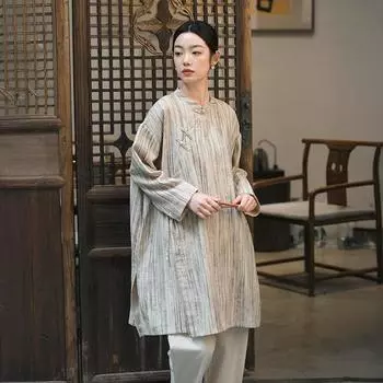 Johnature Женские винтажные полосатые рубашки, топы, стойка, длинный рукав, свободные весенние блузки, рубашка в китайском стиле на пуговицах M хаки