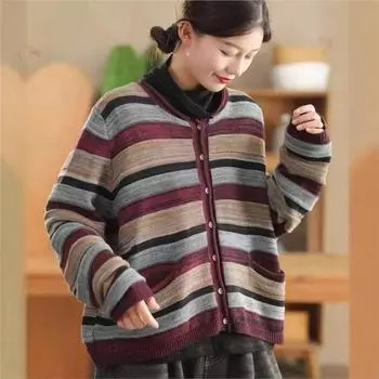 Johnature Женские винтажные полосатые трикотажные полотна с круглым вырезом и длинным рукавом на пуговицах, мягкие повседневные пальто One Size фиолетовый