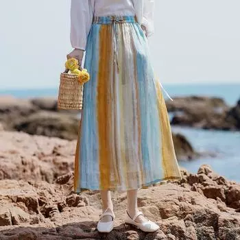 Johnature женские винтажные полосатые юбки рами с эластичной резинкой на талии летние повязки повседневные женские юбки трапециевидной формы