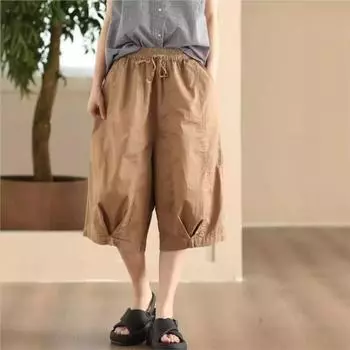 Johnature Женские винтажные повседневные свободные широкие брюки однотонные брюки эластичный пояс карманы пэчворк летние новые брюки L бежевый