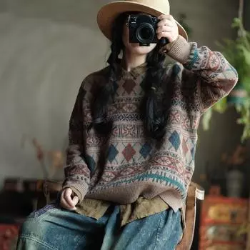 Johnature Женские винтажные принты Цветочные пуловеры Свитера с круглым вырезом Длинные рукава Осенние мягкие женские свитера One Size верблюд