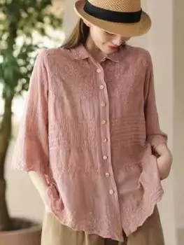 Johnature Женские винтажные принты с цветочным принтом, однотонные блузки с вышивкой, летние рубашки с коротким рукавом и пуговицами One Size хаки