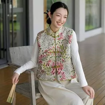 Johnature Женские винтажные принты с цветочным принтом, жилеты без рукавов с жаккардовыми пуговицами, осенние женские жилеты в китайском стиле M