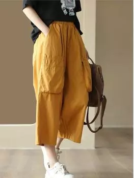 Johnature Женские винтажные прямые брюки, однотонные летние брюки с эластичной резинкой на талии, повседневные хлопковые брюки с карманами в стиле пэчворк One Size чёрный