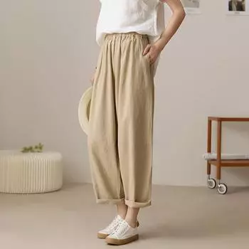 Johnature Женские винтажные прямые брюки с эластичной резинкой на талии, весенние однотонные карманы, повседневные мягкие брюки до щиколотки One Size белый