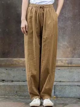 Johnature женские винтажные прямые брюки с эластичной резинкой на талии и поясом с карманами, однотонные осенние свободные повседневные льняные женские брюки One Size темно-синий