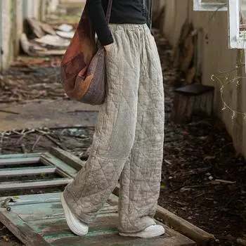 Johnature Женские винтажные прямые брюки с эластичной талией Зимние свободные лоскутные теплые длинные брюки One Size