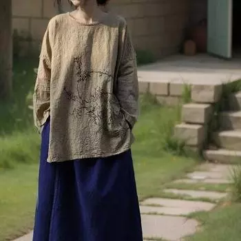 Johnature женские винтажные пуловеры футболки с круглым вырезом и длинными рукавами с цветочным принтом весенние свободные женские футболки One Size хаки