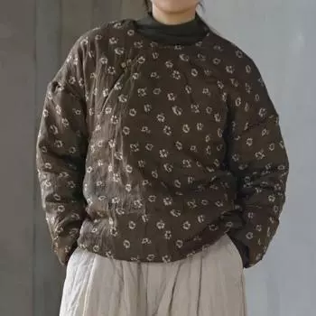 Johnature Женские винтажные пуловеры-парки с круглым вырезом и длинным рукавом с цветочным принтом Зимние пальто Плюс Хлопковые теплые женские парки One Size синий