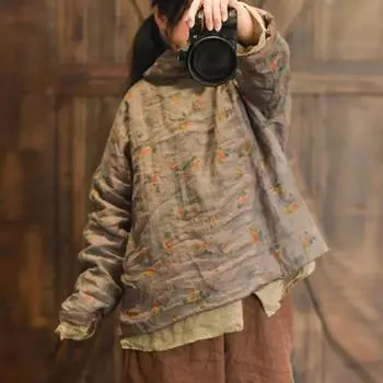 Johnature женские винтажные пуловеры-парки с высоким воротником и длинными рукавами плюс хлопковые пальто с цветочным принтом женские теплые парки One Size кофейный