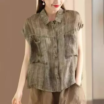 Johnature Женские винтажные рубашки без рукавов, блузки с отложным воротником и пуговицами, летние рубашки с карманами в стиле тай-дай в стиле пэчворк M кофейный