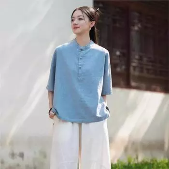 Johnature Женские винтажные рубашки из хлопка с воротником-стойкой из рами на пуговицах в китайском стиле, летние новые однотонные блузки с коротким рукавом 2024 года One Size бежевый