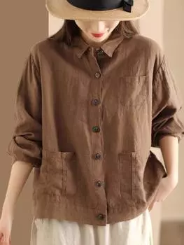 Johnature Женские винтажные рубашки Однотонные длинные рукава Отложной воротник Лоскутные карманы Пуговицы Блузки Весенняя рубашка One Size темно-зеленого
