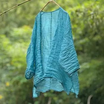 Johnature Женские винтажные рубашки, однотонные топы, летние блузки с круглым вырезом и длинными рукавами, повседневные летние открытые стежки One Size светло-зеленый