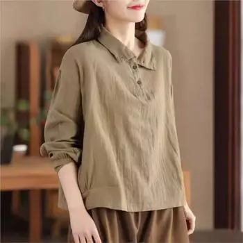 Johnature женские винтажные рубашки поло однотонные футболки с длинными рукавами весенние повседневные рубашки с отложным воротником на пуговицах