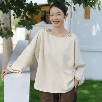 Johnature Женские винтажные рубашки-пуловеры, однотонные осенние рубашки с круглым вырезом и длинным рукавом для женщин M бежевый