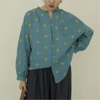 Johnature женские винтажные рубашки рами на пуговицах, осенние свободные блузки с длинными рукавами, топы в горошек, женские рубашки с карманами One Size морская волна