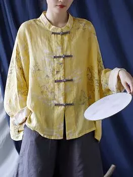 Johnature женские винтажные рубашки рами с рукавами «летучая мышь» осенние блузки с длинными рукавами на пуговицах женские рубашки с цветочным принтом One Size жёлтый